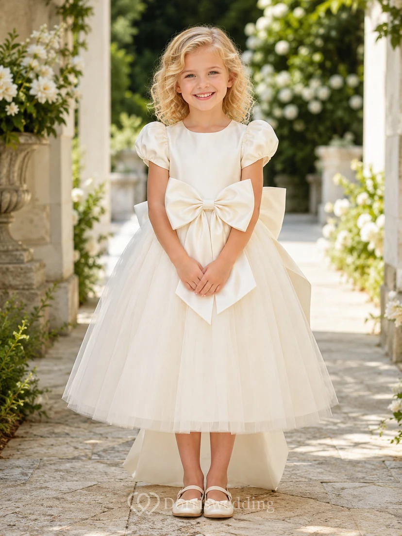 Klassisches A-Linien-Kleid aus Tüll für Blumenmädchen mit Rundhalsausschnitt, wadenlangem Rock und Schleifendetail