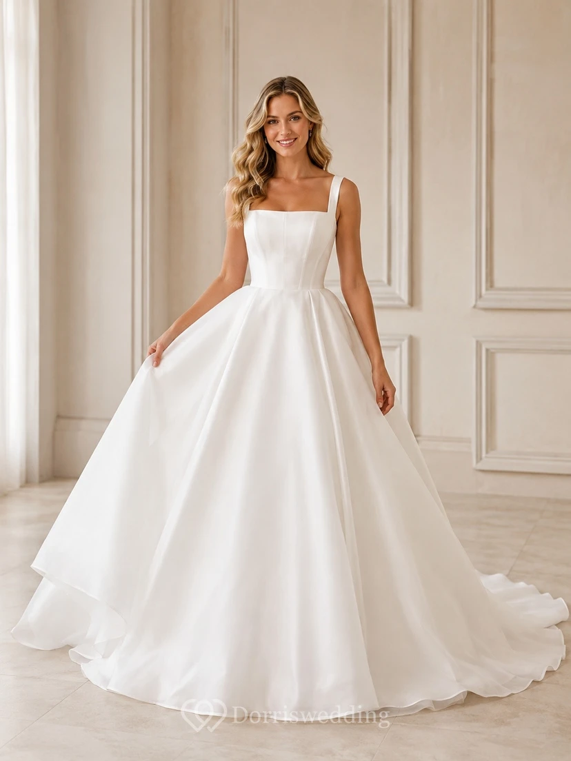 Vestido de novia sencillo de corte A con escote cuadrado y cola de capilla plisada