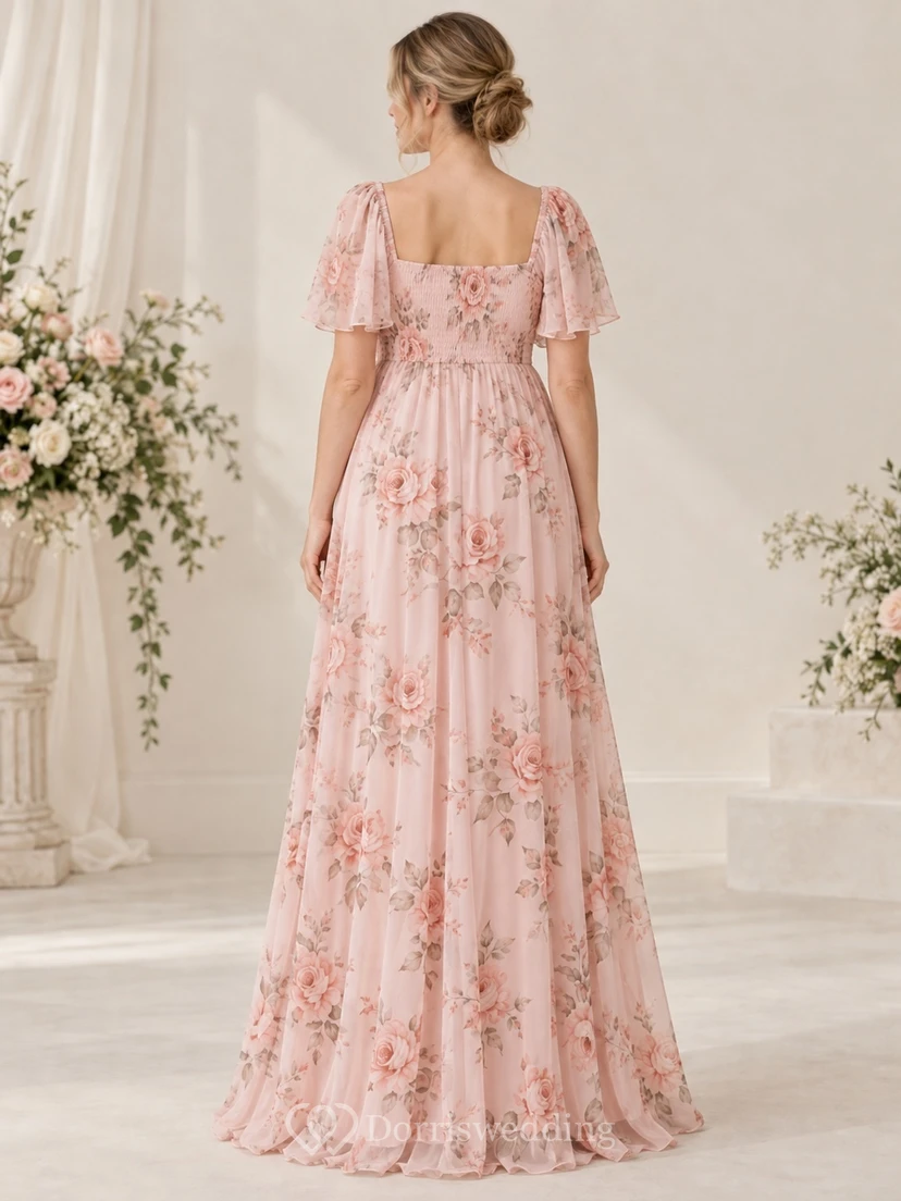 Vestido de dama de honor de gasa rosa con estampado floral, cuello cuadrado, mangas con volantes y corte imperio hasta el suelo. view 2