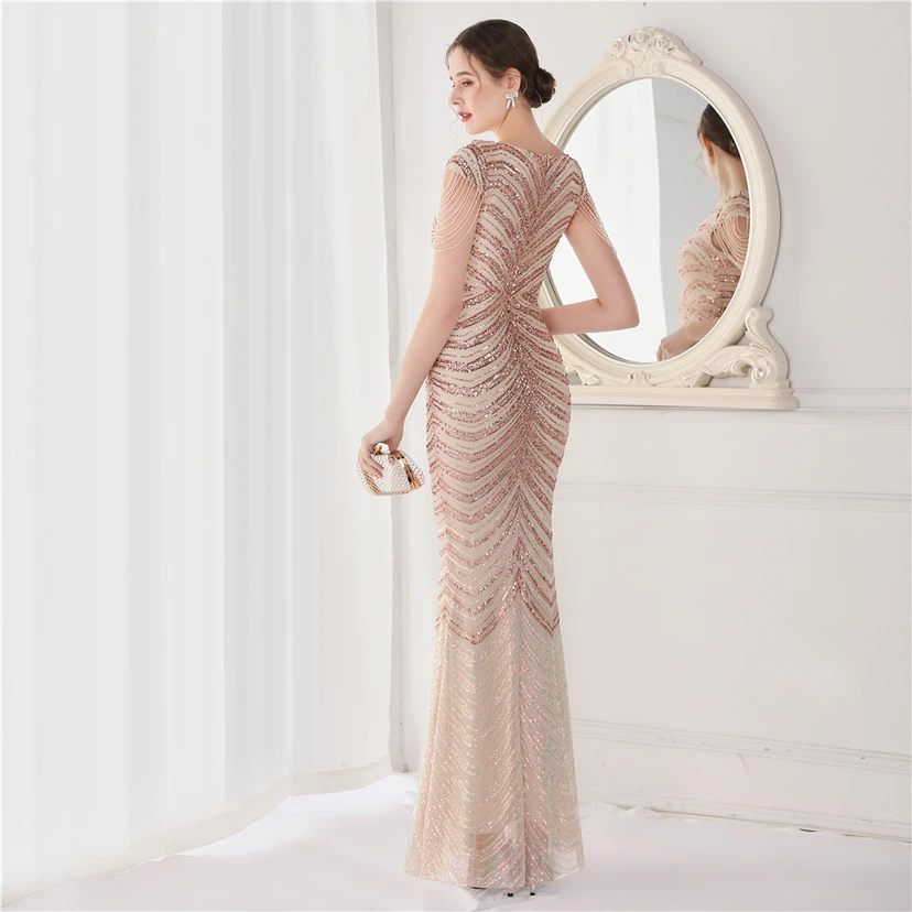 Paillettenbesetztes, handwerklich perfekt gefertigtes, perlenbesetztes Party-Abendkleid – sexy langes Kleid für die Braut view 38