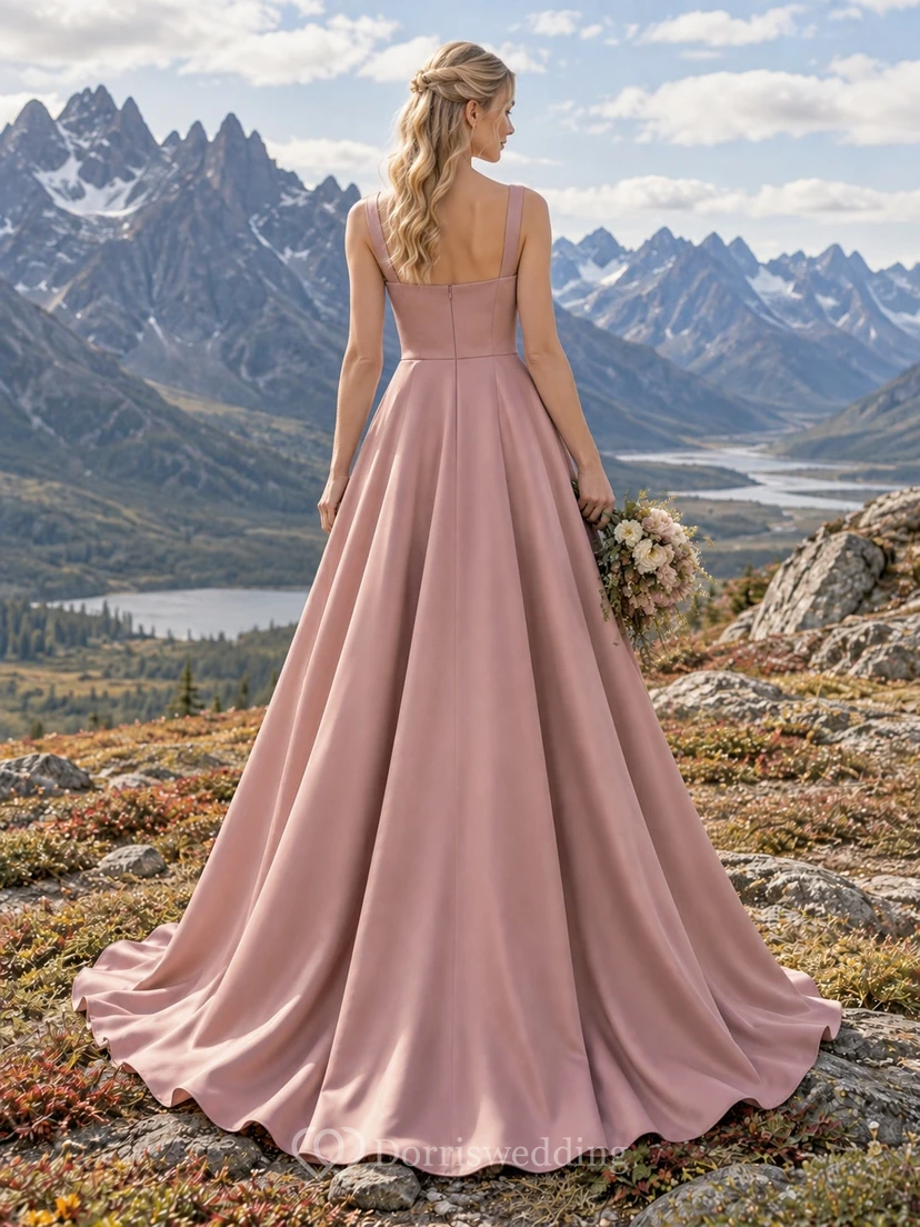 Dusty Rose Square-Neck Matte Satin Wedding Dress with Wide Straps and A-Line Skirt view 2