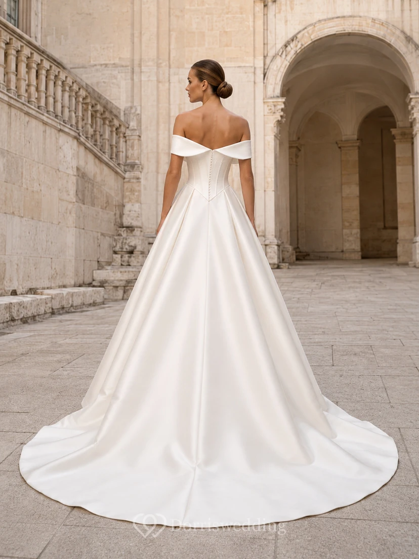 Robe de mariée minimaliste en satin, robe de bal à épaules dénudées et traîne. view 2