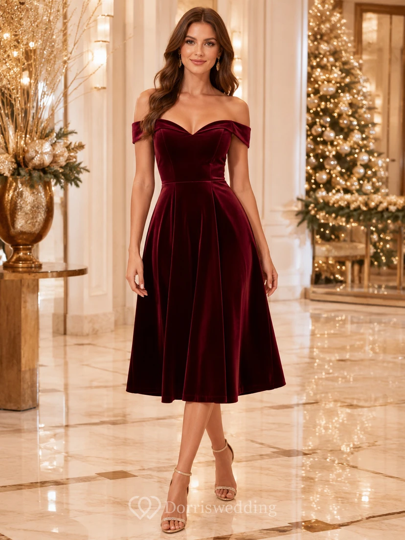 Robe de vacances bordeaux en velours à épaules dénudées, coupe trapèze et longueur thé