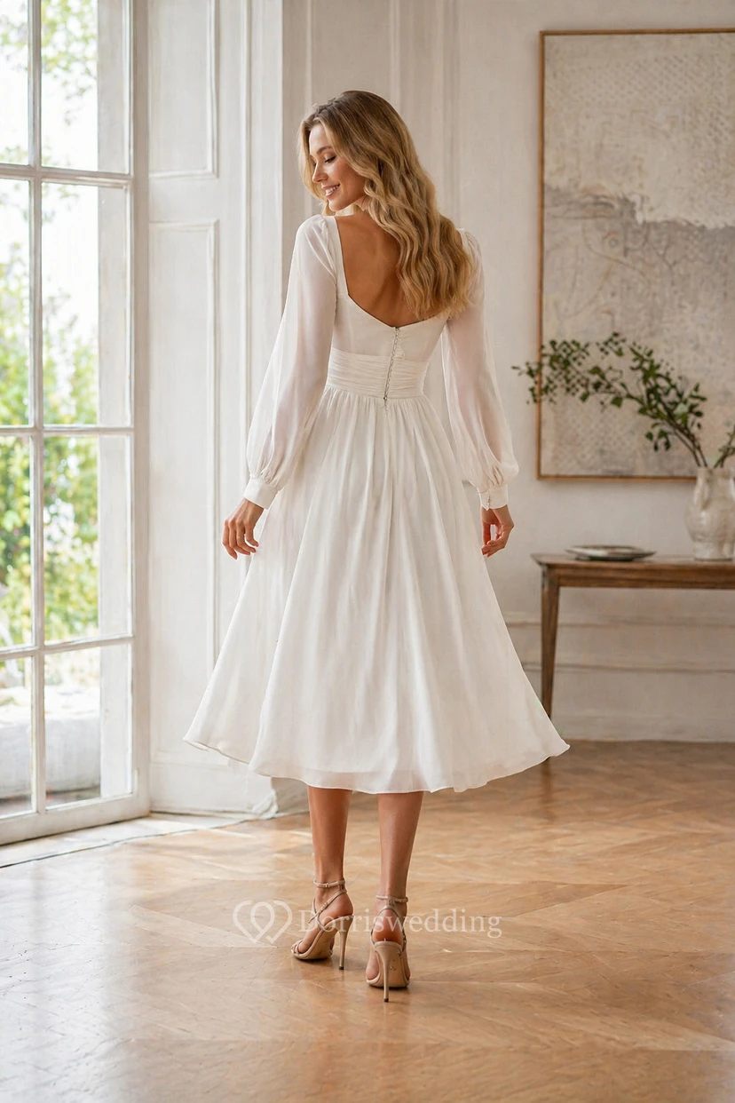 Kurzes, fließendes Chiffon-Hochzeitskleid mit Illusionseffekt, langen Ärmeln und vorderem Schlitz, langem Ärmel view 2