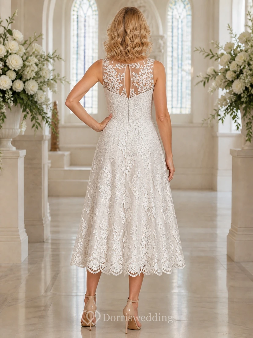 Teelanges, ärmelloses Brautkleid in A-Linie mit hohem Kragen, Muschelsaum und Spitze, elegantem Schnitt. view 2