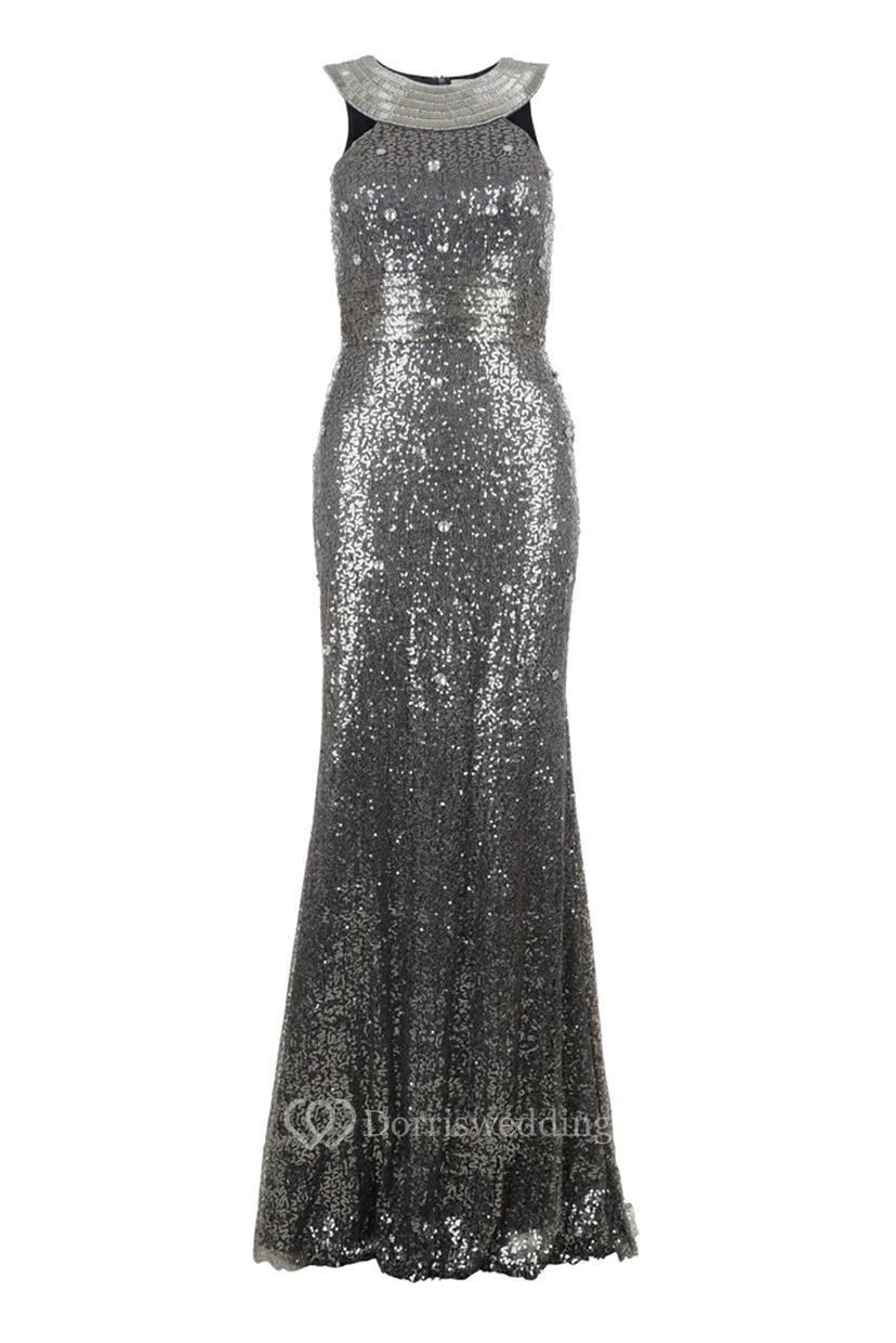 Sheath Scoop-Neck Floor-Length Sleeveless Sequins Prom Dress view 5