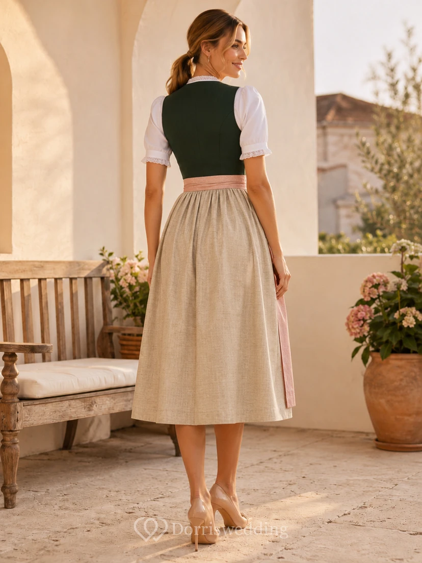Dirndl moderno de lino verde oscuro de largo midi hasta la rodilla con mangas abullonadas y delantal color rosa pálido. view 2