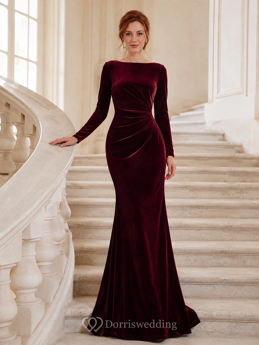 Vestido de noche de sirena de terciopelo burdeos con escote cuadrado y manga larga