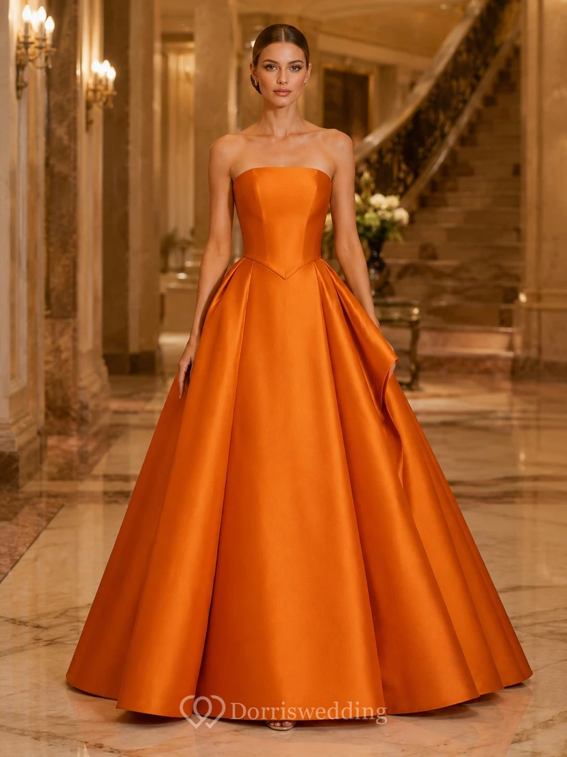Luxury Orange Strapless Satin Ball Gown Floor-Length Simple Formal Prom Dress