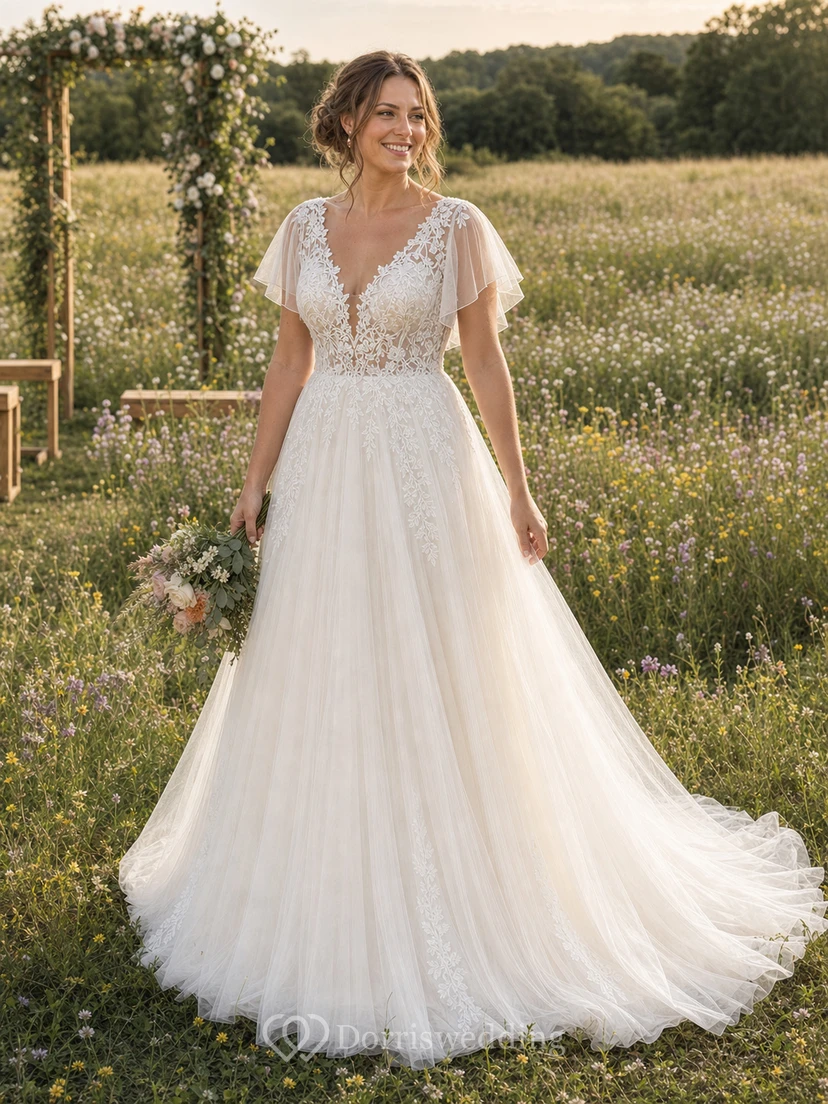 Robe de mariée bohème trapèze avec manches papillon et corsage en dentelle view 11