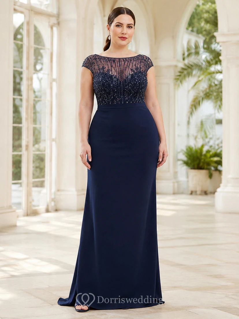 Vestido de noche columna azul marino oscuro con encaje y escote barco