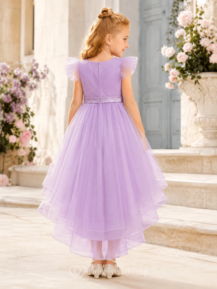 High Low Tulle A-Line Flower Girl Dress with Jewel Neck and Bow Detail view 2