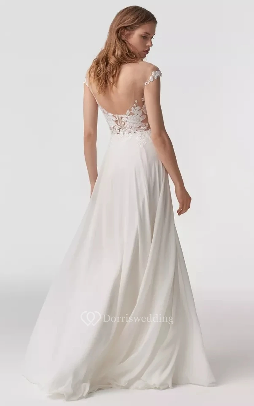 Chiffon Empire Off-the-shoulder Sheath Floor-length Low-v Back Wedding Dress with Lace Top view 2