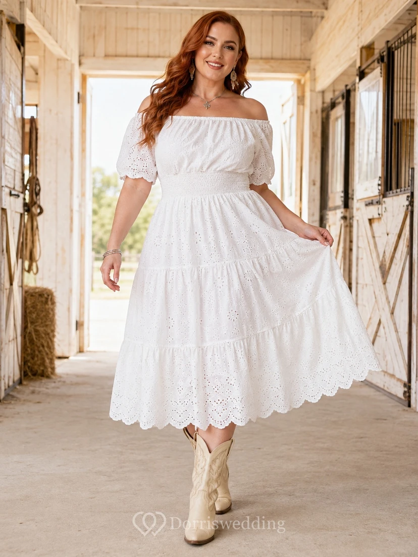 Plus Size Western Baumwollkleid mit schulterfreiem Design, Dreiviertel-Puffärmeln, Stufenrock und Teelänge