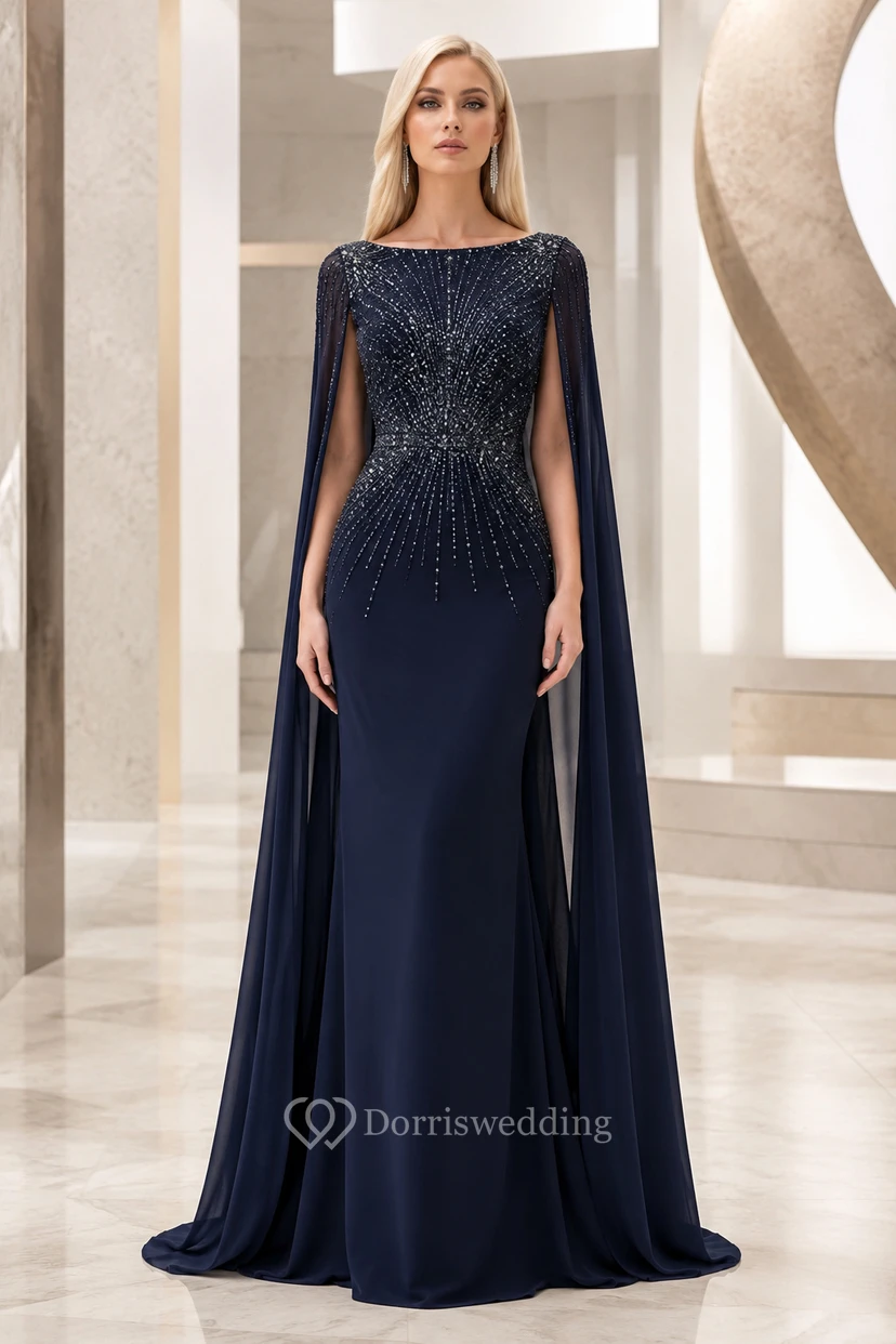 Dark Navy Cape Sleeve Beaded Sheath Evening Dress with Rhinestone Bodice and Floor Length Skirt