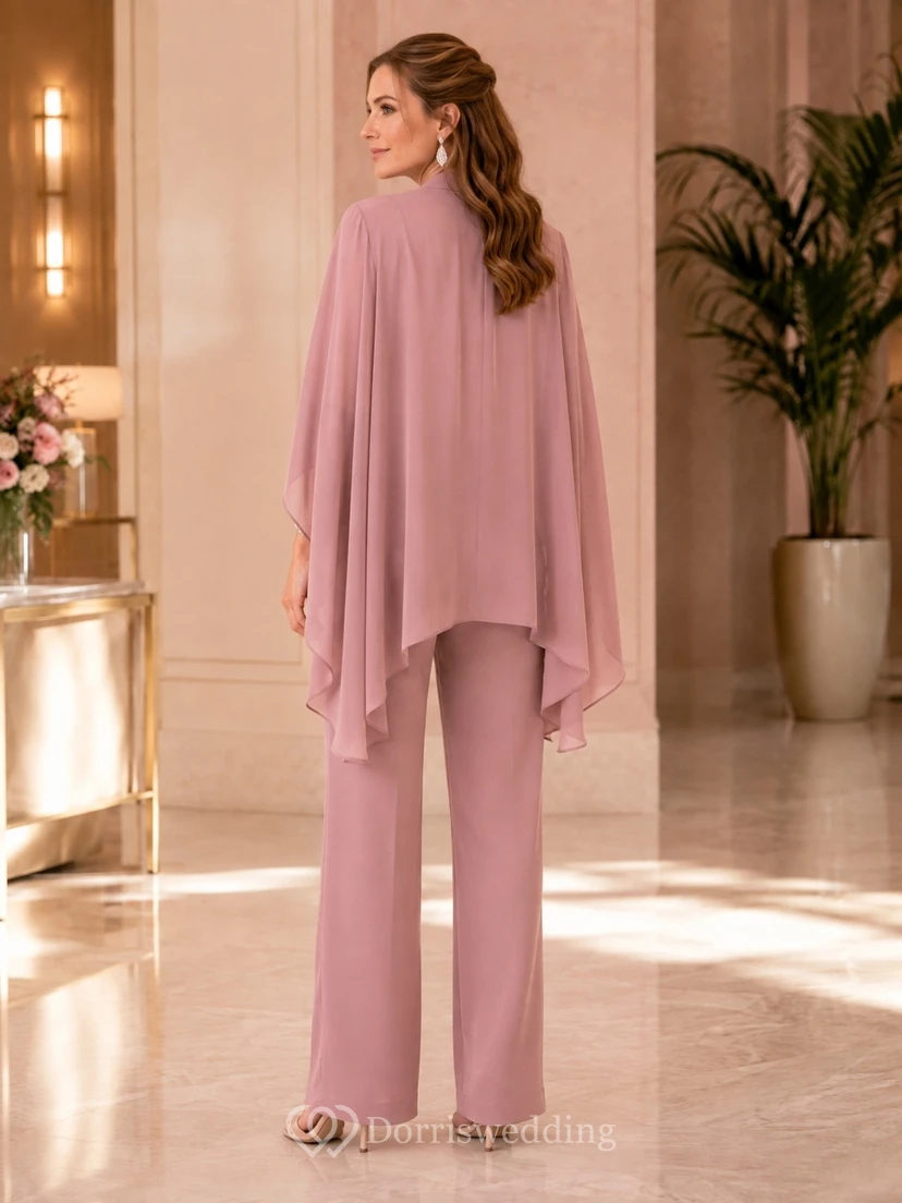 Mauve Elegant Cowl Chiffon Three-Quarter-Sleeve Two-Piece Mother Dress view 2