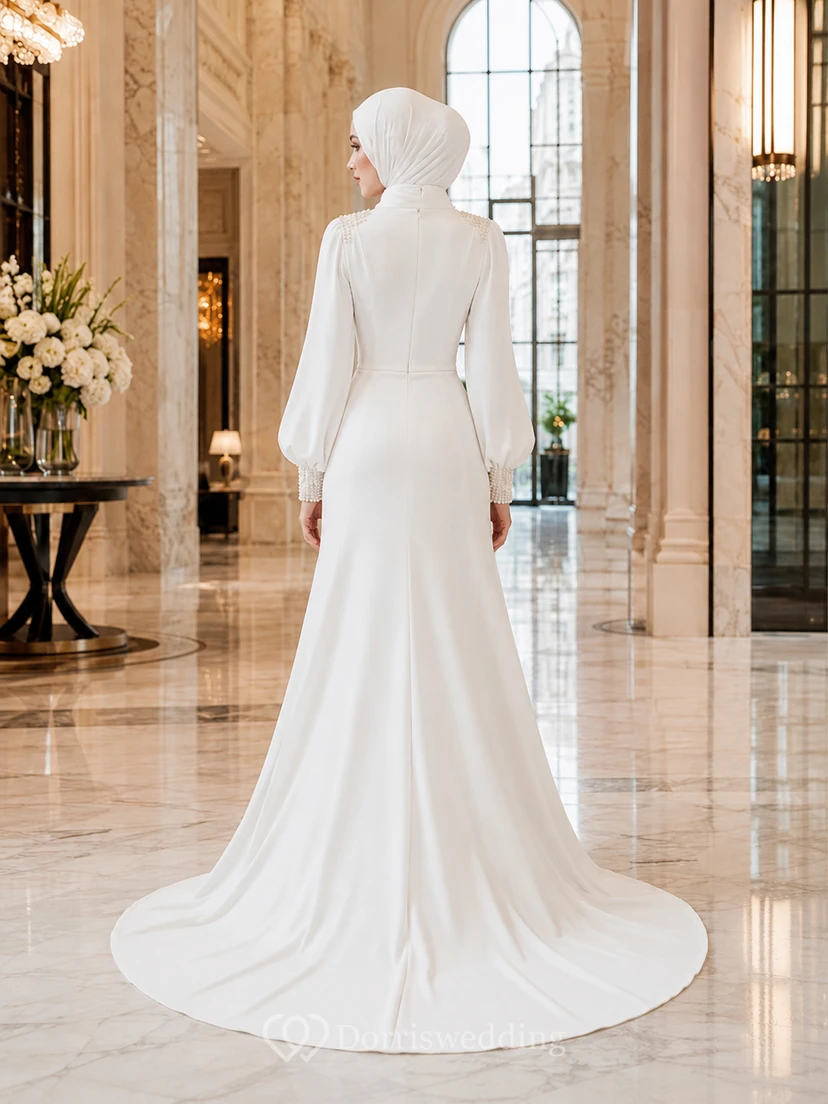 Modest Muslim Draped High Neck Sheath Palace Bridal Gown view 2