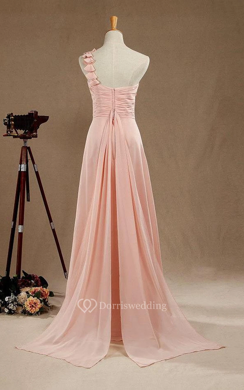 One Shoulder Ruched Top A-line Pleated Chiffon Long Dress view 4
