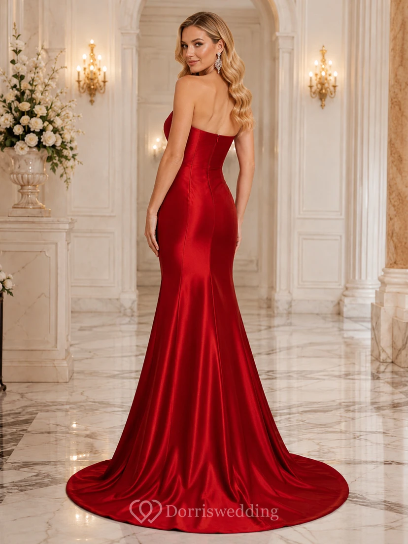 Red strapless sweetheart satin mermaid charity gala gown view 2