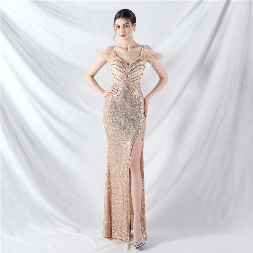 Elegantes Abendkleid mit Straußenfedern und Perlen, sexy, lang, mit Trägern und Schlitz view 12