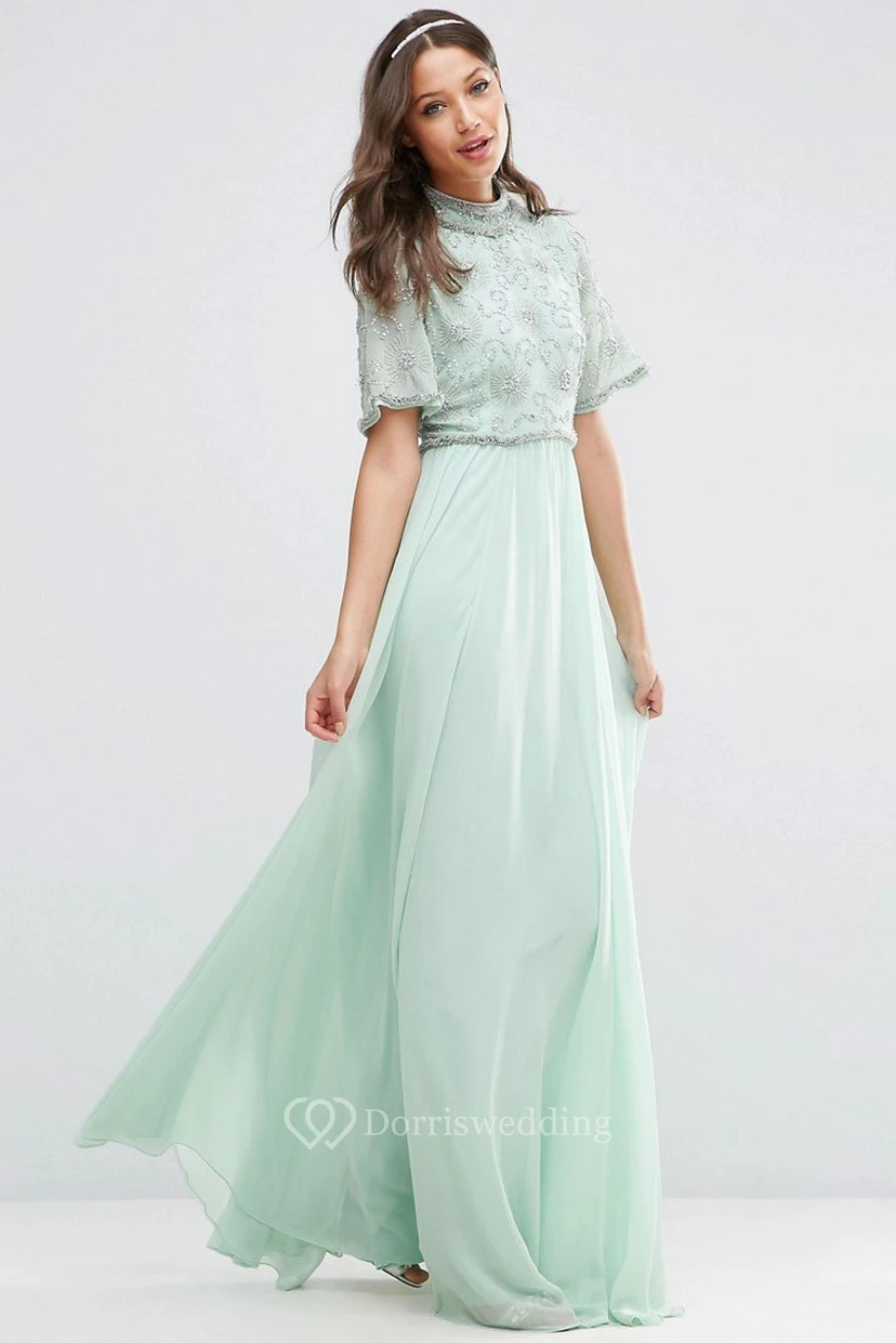 Bodenlanges, glockenärmeliges, hochgeschlossenes, perlenbesetztes Chiffon-Brautjungfernkleid mit Falten view 3