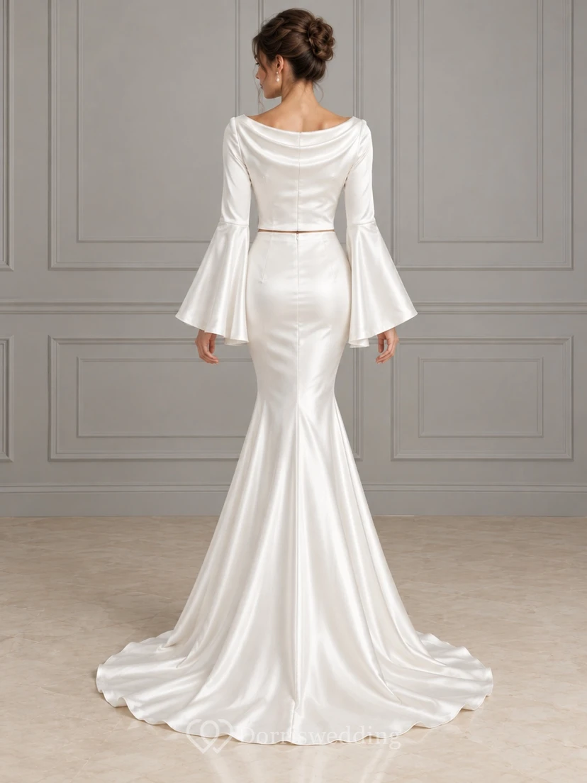 Two Piece Mermaid Cowl Neck Long Bell Sleeve Wedding Dress view 2