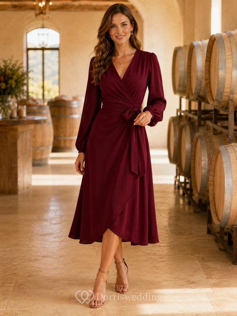 Burgundy Long Sleeve Wrap Winery Dinner Midi Dress