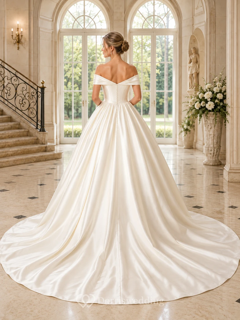 Robe de mariée minimaliste en satin, robe de bal épaules dénudées, traîne chapelle view 2