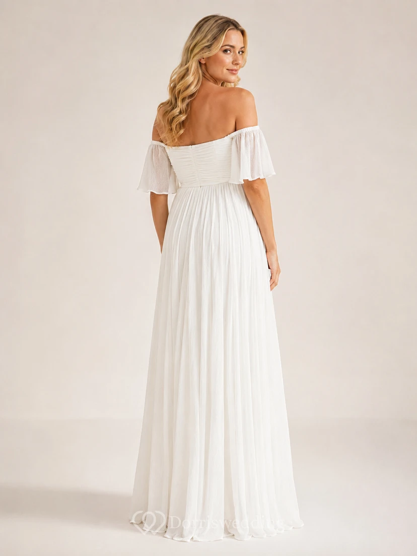 Robe de mariée de maternité style empire, longue jusqu'au sol, épaules dénudées, manches courtes, en mousseline, romantique et élégante, idéale pour un jardin. view 2