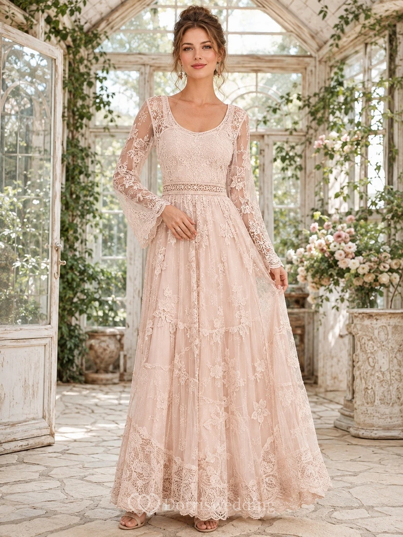 Boho Pearl Pink Square Neck Long Sleeve Tiered Lace Dress