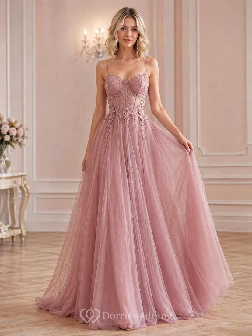 Romantic Blush Tulle Ball Gown Floor-Length Strapless Sleeveless Prom Dress