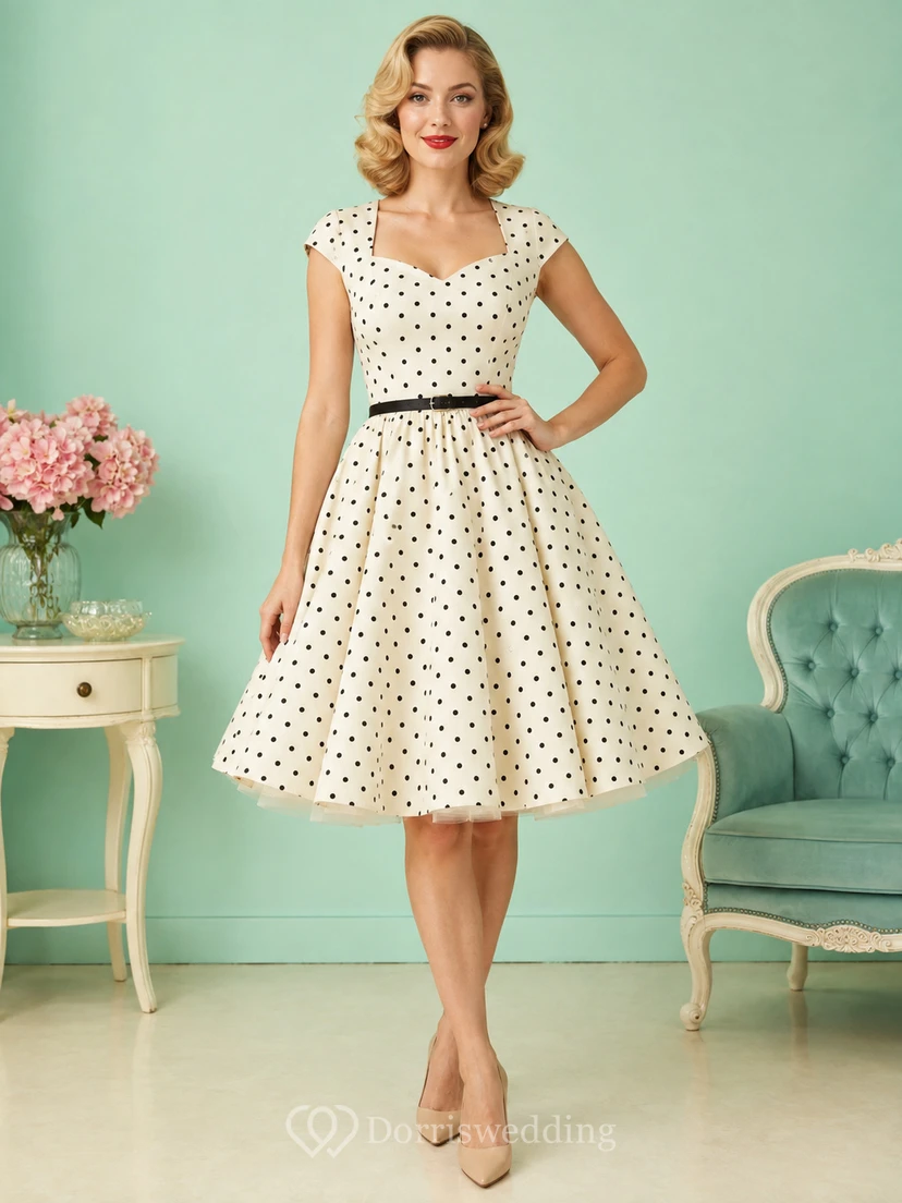 Vestido de cóctel vintage de los años 50, de satén, color crema, con estampado de lunares, escote corazón, mangas cortas, corte en A y largo hasta la rodilla.