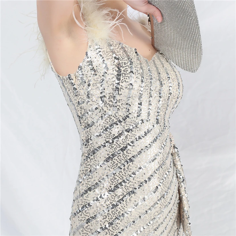 Evening Dress Craft Beaded Ostrich Feather Sequined Side Slit Evening Dress view 27
