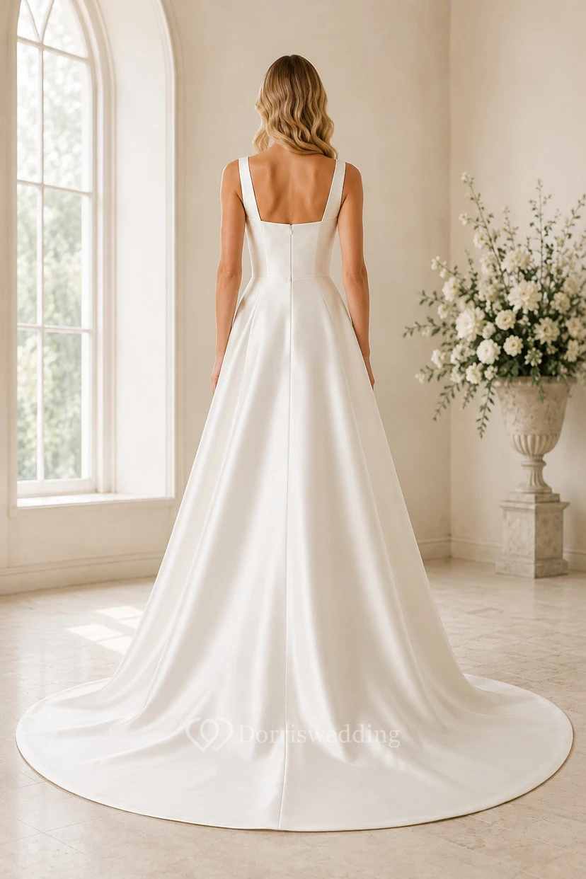 Satin-Brautkleid in A-Linie mit eckigem Ausschnitt und Taschen view 2