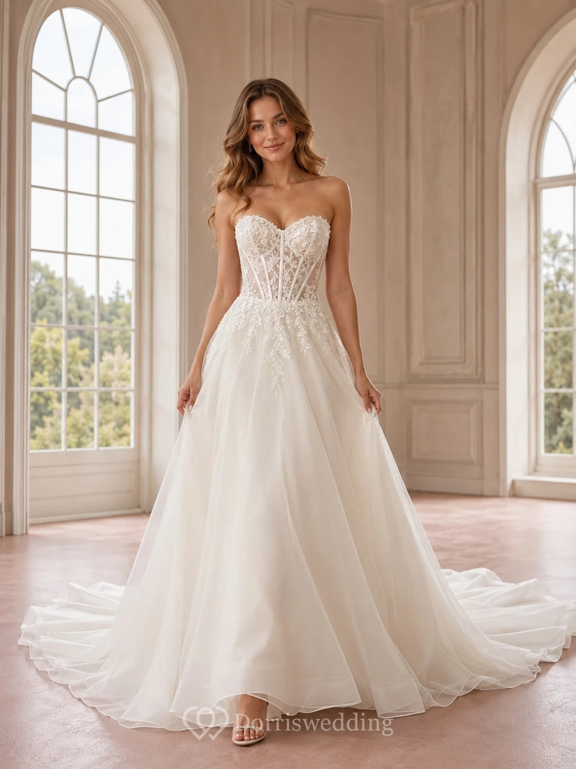 Vestido de novia largo sin tirantes con corsé de encaje y corte en A hasta el suelo