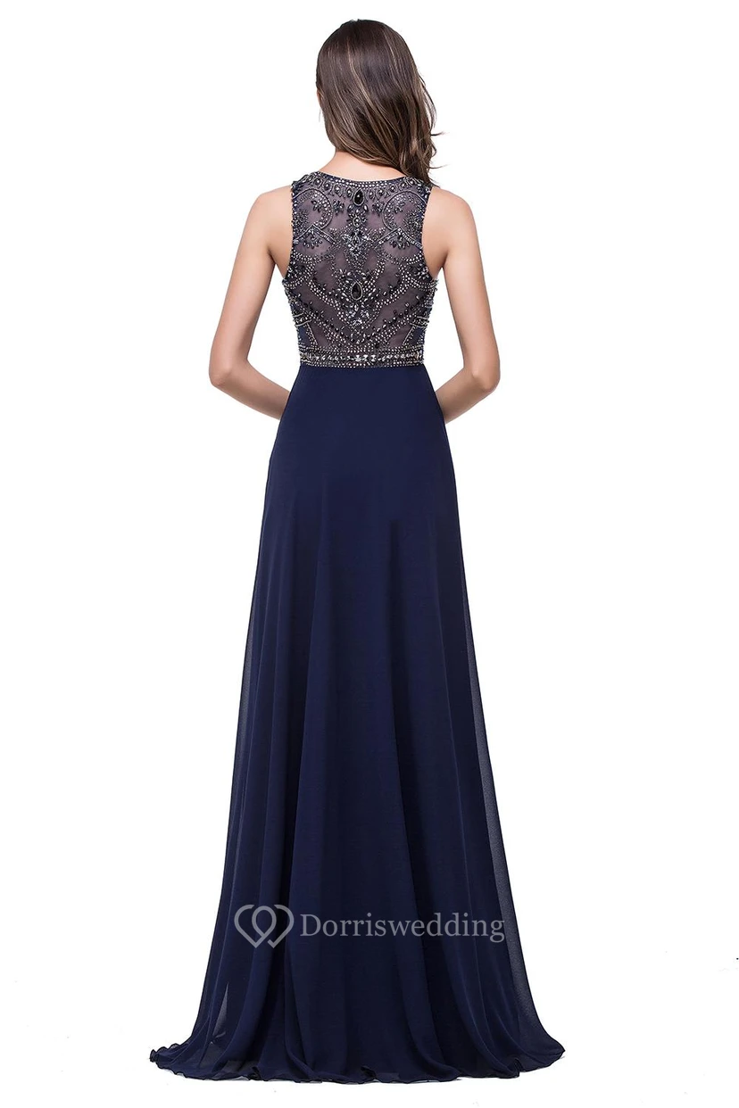Modern Chiffon A-line Prom Dress Beadings Illusion Zipper view 5