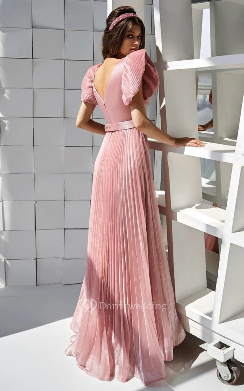 V-neck Short Puff-sleeve Sheath Dress with Belt and Pleated Skirt view 2