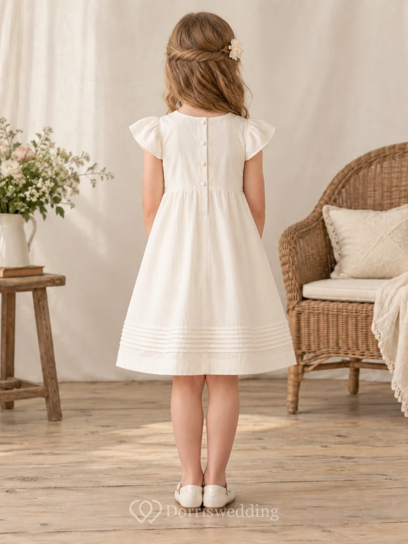 Simple Cream Knee-length Jewel Short Flutter Sleeves Pintucked-bodice Empire Button-back Flower Girl Dress view 2
