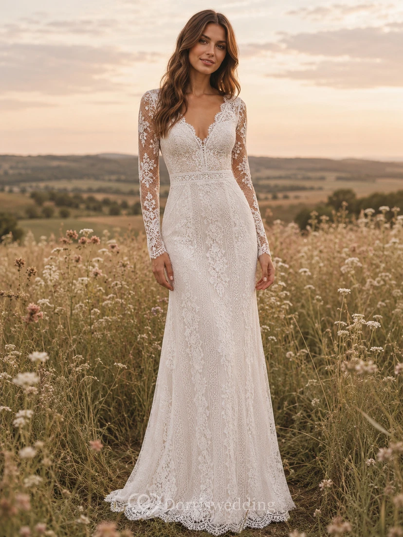 Vestido de novia de tul y encaje campestre, estilo sirena, con escote en V, manga larga, cola de corte y espalda baja en V.