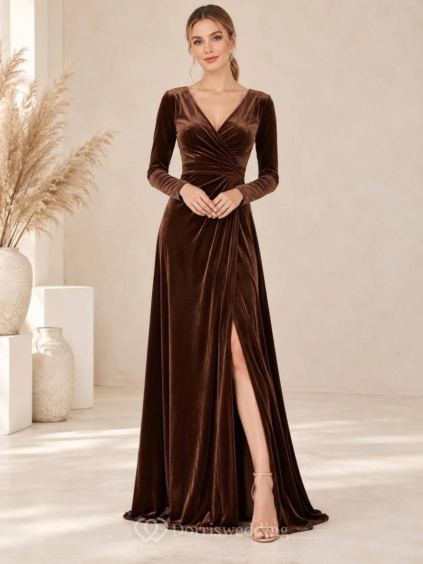 Western Chocolate V-Neck Long Sleeve Velvet Split Bridesmaid Dress