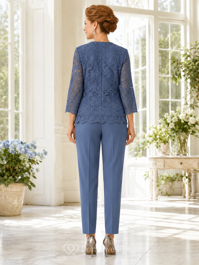 Stahlblauer Jumpsuit „Mother“ mit Jacke aus Spitze am Rundhalsausschnitt und knöchellanger Hose view 2