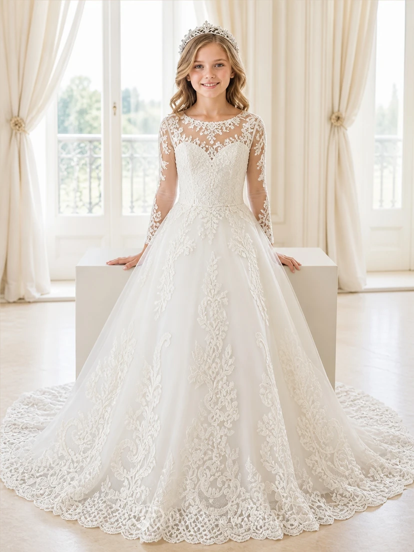 Princess A-Line Scoop Long Sleeve Floral Lace Cathedral Train Flowergirl Dress