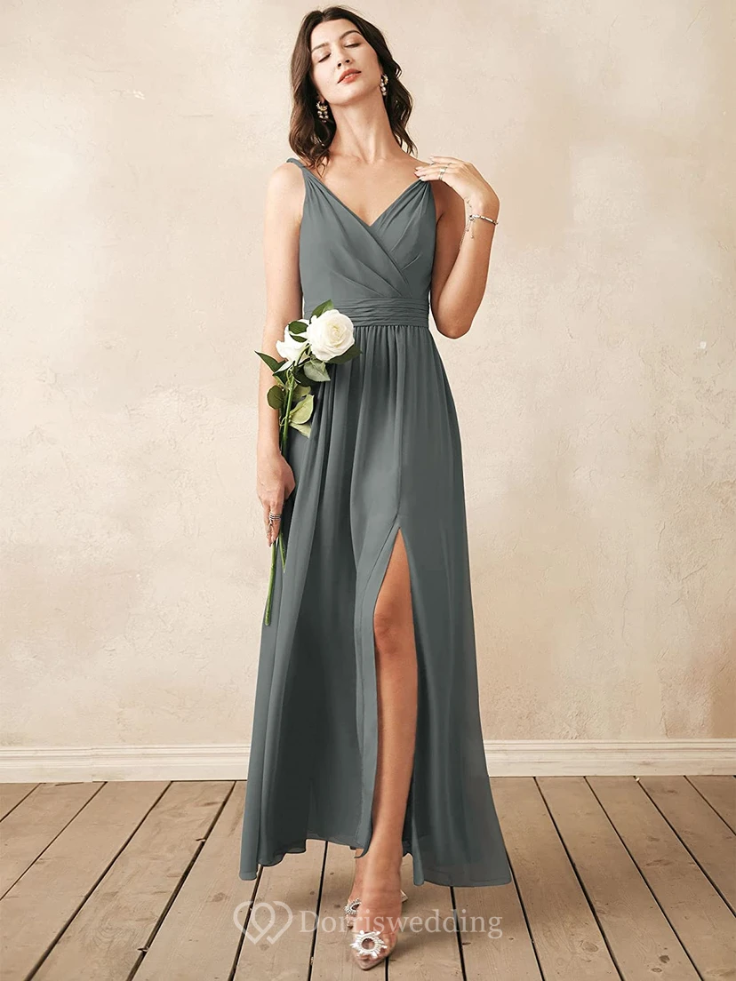 Romantic V-neck A Line Sleeveless Ankle-length Chiffon Bridesmaid Dress With Ruching view 11