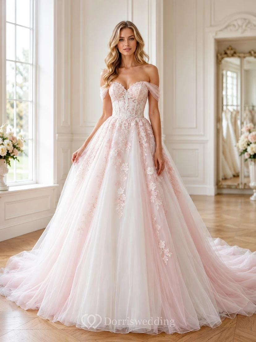 Romantisches Brautkleid aus rosafarbenem Spitzenballkleid mit schulterfreiem Ausschnitt und Schleppe
