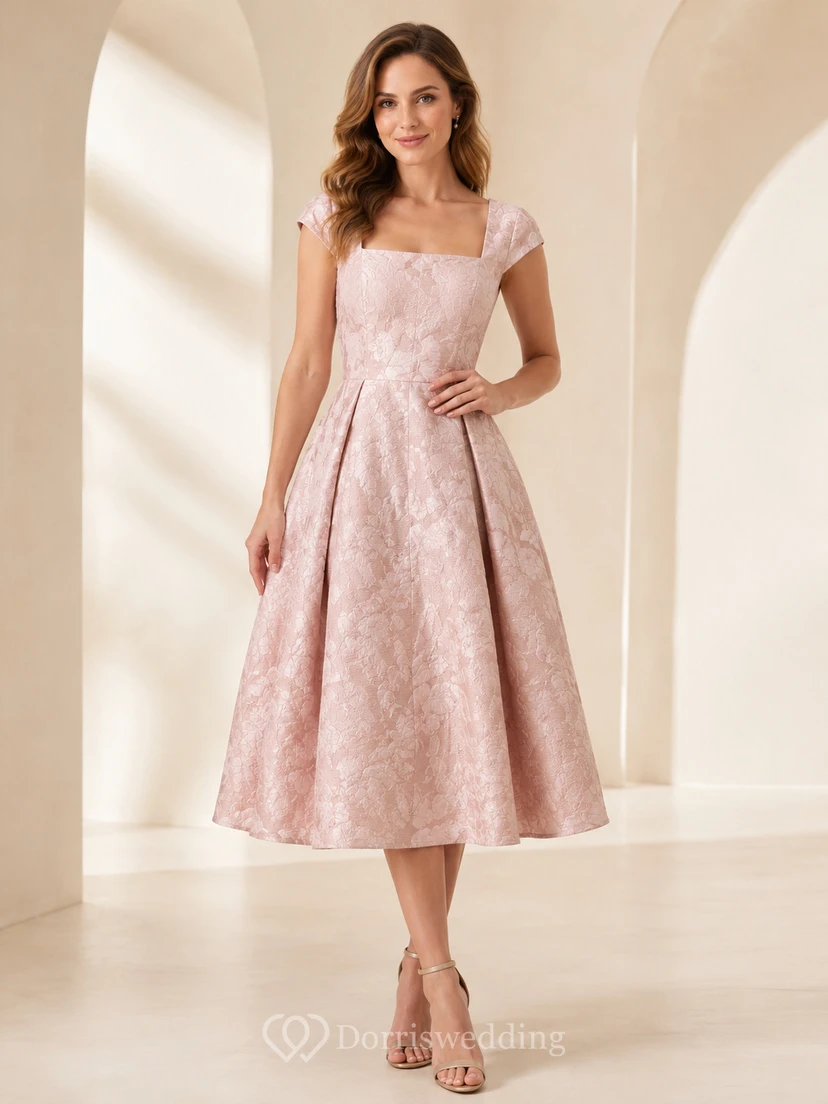 Vestido midi de jacquard con escote cuadrado en tono rosa empolvado para ocasiones especiales.