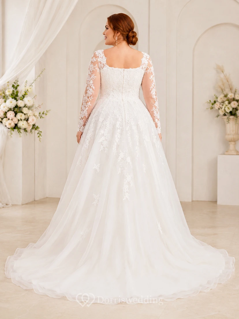 Plus Size Hochzeitskleid mit eckigem Ausschnitt, Spitzenärmeln und asymmetrischem Saum view 2