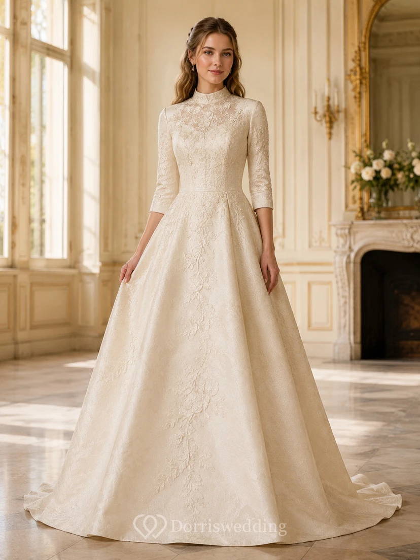 Robe de bal champagne en dentelle florale à col bijou et manches trois-quarts
