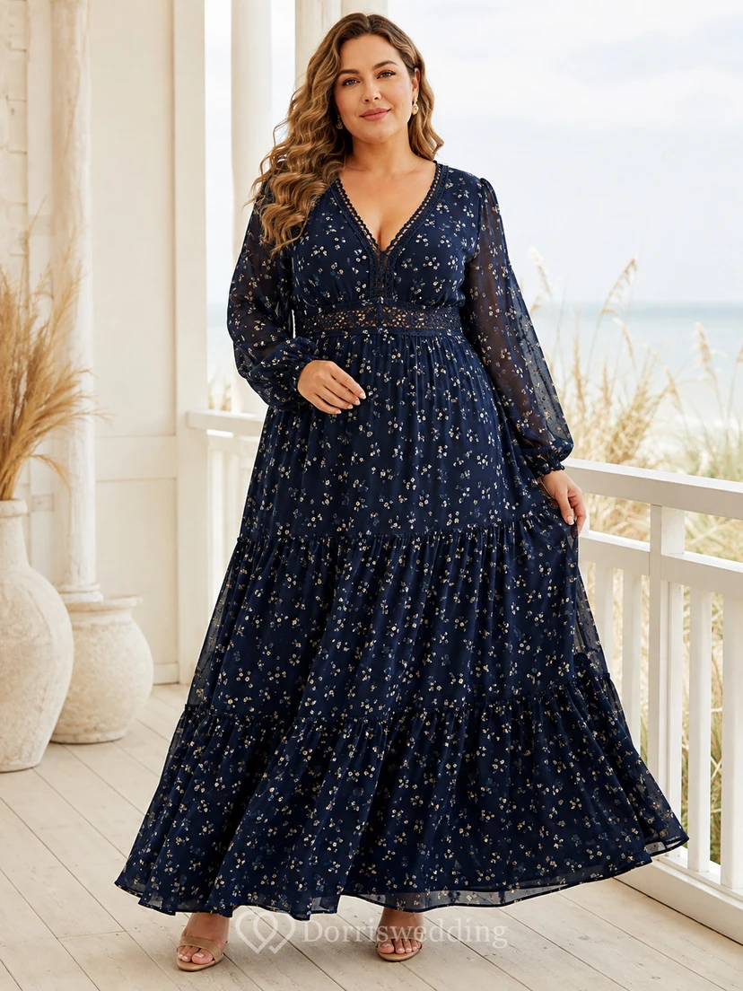 Vestido bohemio largo hasta el suelo, de gasa azul marino oscuro con estampado floral, cuello en V y mangas largas con volantes, talla grande.