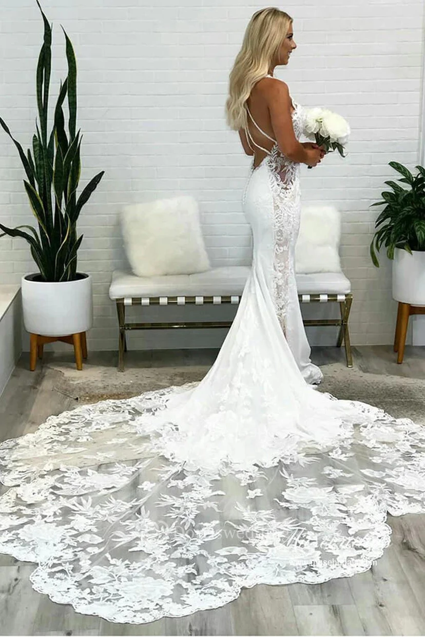 Robe de mariée sirène sexy sans manches en dentelle à fines bretelles et traîne courte view 2