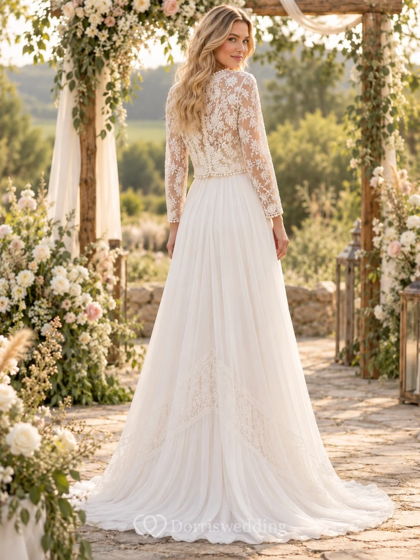 Boho-Hochzeitskleid mit langer Ärmel, kurzer Spitzenjacke und fließendem A-Linien-Schnitt view 2